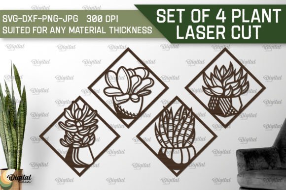 Set of 4 Plant Laser Cut Wall Decor SVG